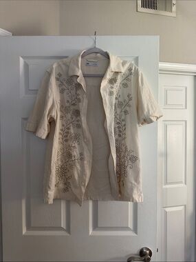 Zara Men Cream Embroidered Short-Sleeve Shirt